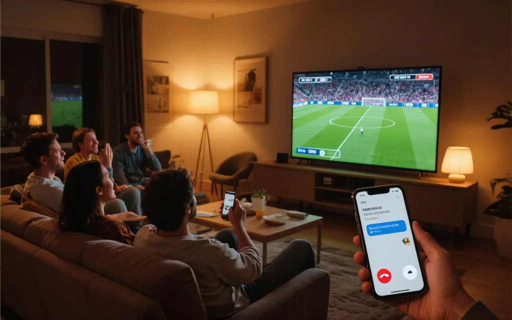 朋友远程连麦看球：手机语音通话界面与客厅大屏同时播放比赛，桌上有零食与记分纸