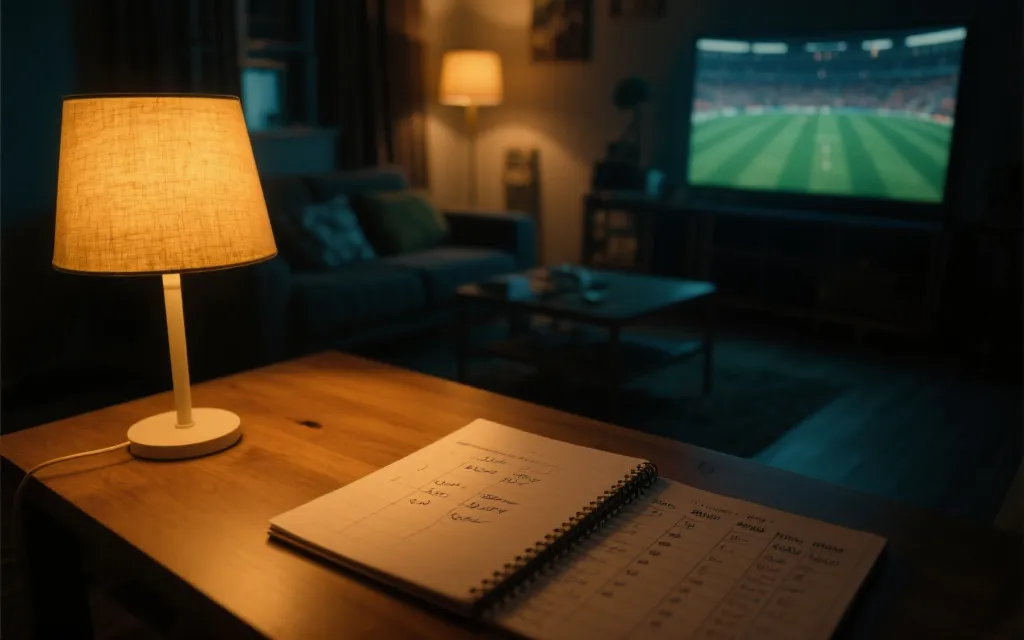深夜观赛的房间场景：桌面上有笔记本、咖啡与赛程表，氛围灯光
